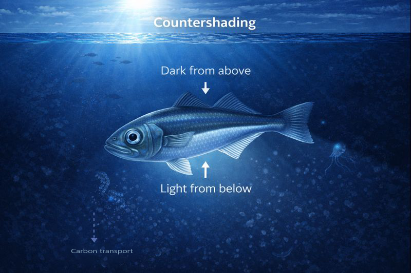 Diagram showing countershading in a fish. The fish has a dark blue back and light silver belly. Labels indicate Dark from above pointing to the back and Light from below pointing to the belly, demonstrating how this coloration provides camouflage from predators viewing from either direction.