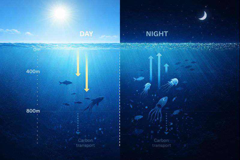 Split illustration showing diel vertical migration. Left side labeled DAY shows bright surface waters with sun overhead, organisms as silhouettes at depth 400-800m with yellow arrows pointing downward. Right side labeled NIGHT shows dark waters with moon, organisms ascending toward surface with white arrows pointing upward. Both sides show Carbon transport arrows at bottom.