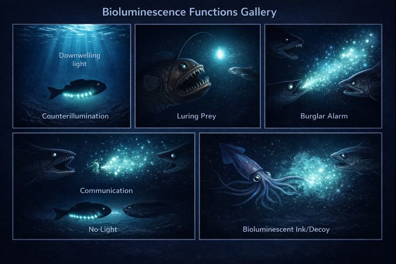 Bioluminescence Functions Gallery showing five panels: Counterillumination with belly photophores matching downwelling light; Luring Prey with an anglerfish using a glowing lure; Burglar Alarm with a fish releasing a burst of light to attract larger predators; Communication showing two fish with matching photophore patterns; and Bioluminescent Ink/Decoy showing a squid releasing glowing ink to confuse a predator.