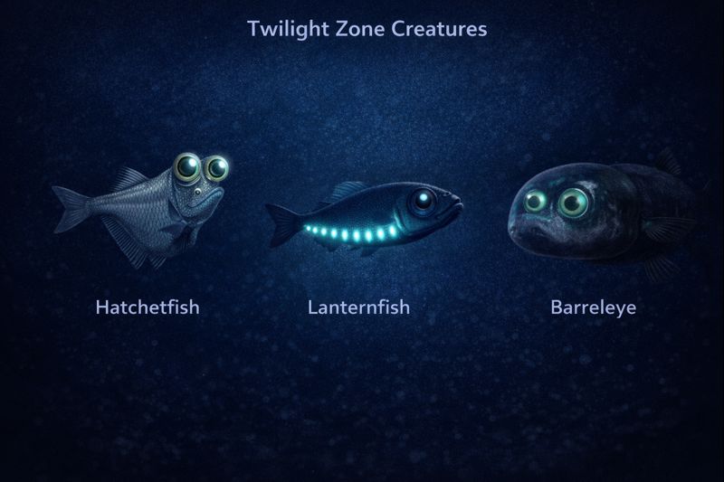 Three iconic twilight zone fish: Hatchetfish with compressed body and large upward-pointing tubular eyes; Lanternfish with row of photophores along its belly and large eyes; Barreleye fish with transparent head and distinctive tubular green eyes.