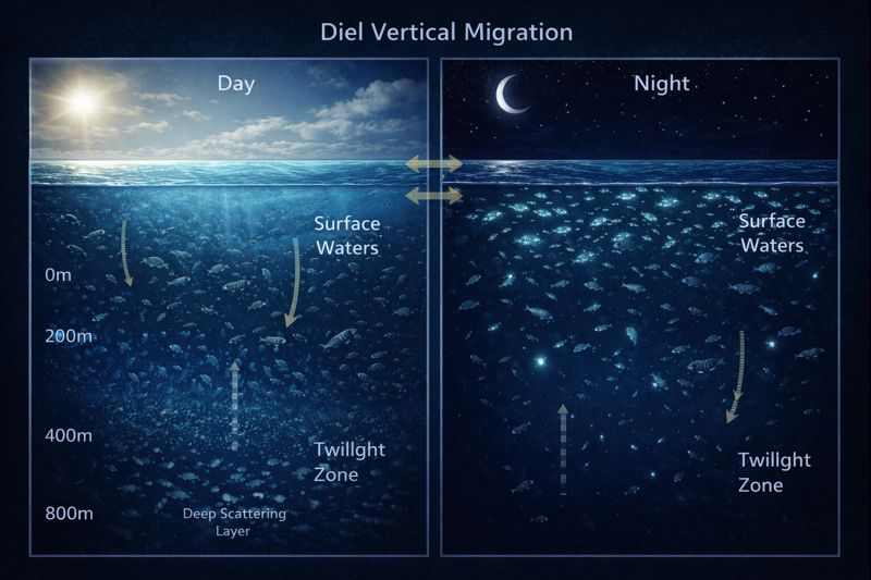 Diel vertical migration diagram showing day and night comparison. Left panel (Day): Sun overhead, organisms concentrated at 400-800m depth in the deep scattering layer within the twilight zone, with downward arrows showing descent. Right panel (Night): Moon overhead, organisms have ascended to surface waters to feed, with depth scale showing 0m, 200m, 400m, 800m marks.