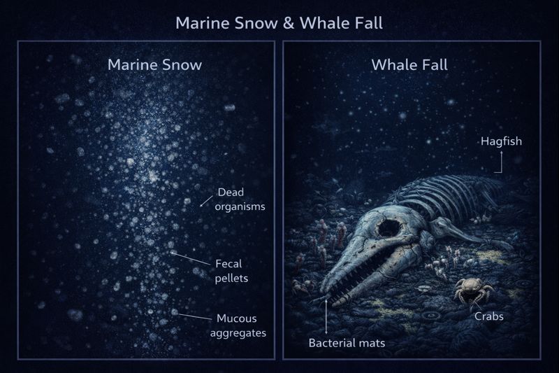 Marine snow and whale fall ecosystem showing two panels: Left panel shows marine snow - constant drift of dead organisms, fecal pellets, and mucous aggregates falling through the water column. Right panel shows a whale fall skeleton with hagfish, crabs, and bacterial mats colonizing the carcass.