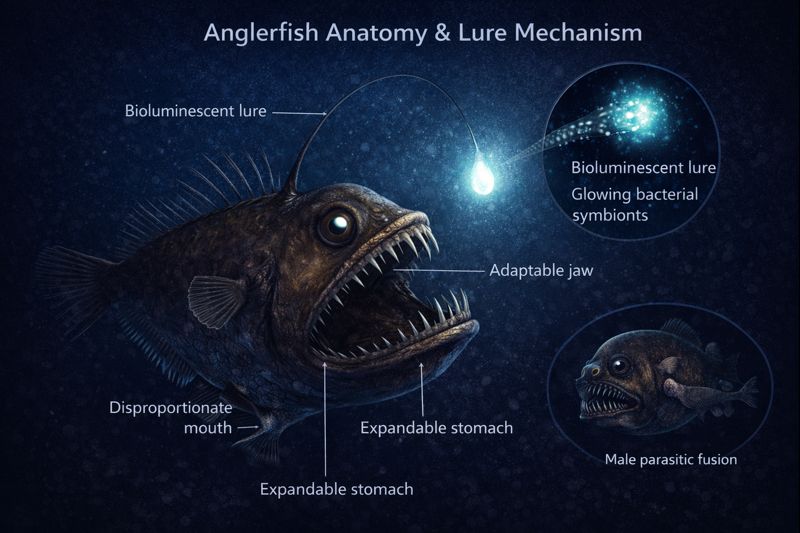 Anglerfish anatomy diagram showing female with bioluminescent lure, adaptable jaw, disproportionate mouth, and expandable stomach. Insets show close-up of lure with glowing bacterial symbionts, and male parasitic fusion where tiny male permanently attaches to female.