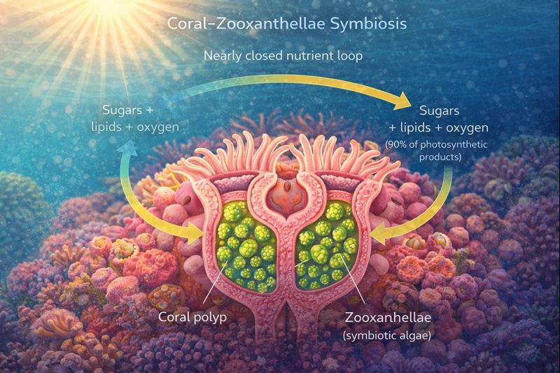 Coral-Zooxanthellae Symbiosis diagram showing a cross-section of a coral polyp with green zooxanthellae cells packed within its tissue. Arrows show the nearly closed nutrient loop: zooxanthellae provide sugars, lipids, and oxygen (90% of photosynthetic products) to the coral, while coral provides shelter and nutrients.