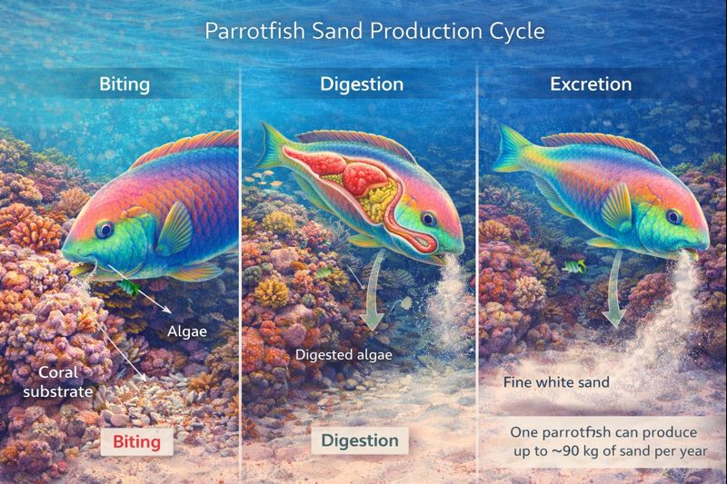 Parrotfish Sand Production Cycle showing three stages: 1) Biting - parrotfish biting coral substrate to scrape algae, 2) Digestion - anatomical cutaway showing internal processing with pharyngeal teeth grinding coral, 3) Excretion - fine white sand being expelled. Annotation states one parrotfish can produce up to 90kg of sand per year.