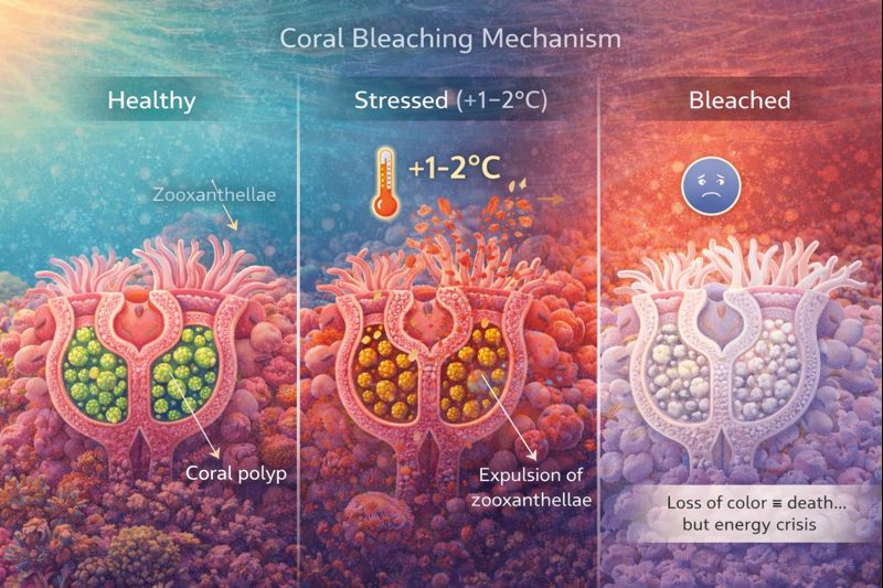 Coral Bleaching Mechanism showing three stages: 1) Healthy - vibrant coral polyp with green zooxanthellae densely packed in tissue, 2) Stressed (+1-2°C) - zooxanthellae turning orange and being expelled from coral tissue, 3) Bleached - white coral with empty tissue, labeled 'Loss of color â‰  death... but energy crisis'.