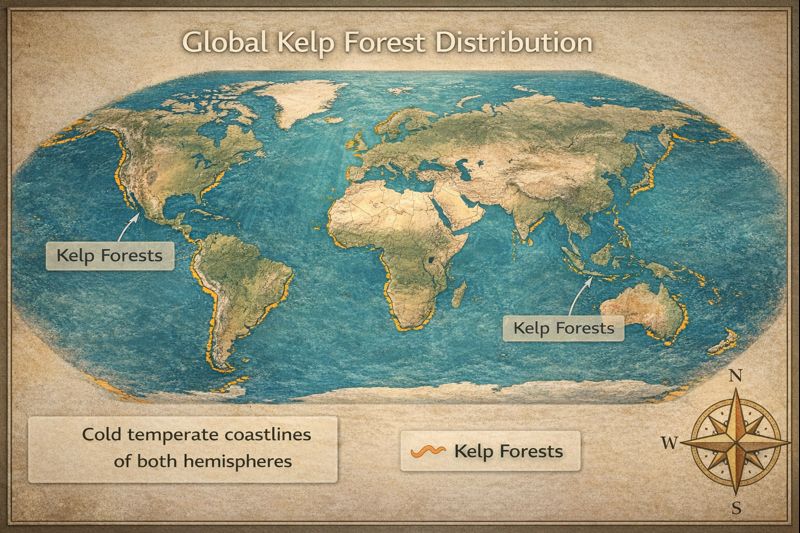 Global map showing kelp forest distribution along cold temperate coastlines of both hemispheres, including Pacific coast of the Americas, southern Australia, New Zealand, South Africa, and northern Atlantic coasts.