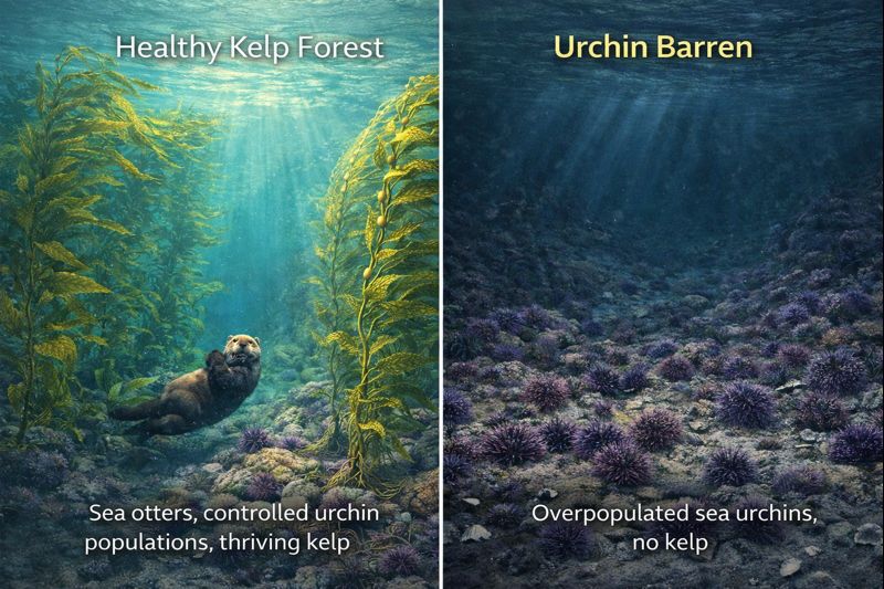 Side-by-side comparison showing healthy kelp forest versus urchin barren. Left panel: Lush kelp forest with sea otter, abundant kelp fronds, and controlled urchin population. Right panel: Desolate urchin barren with seafloor carpeted in purple sea urchins and no kelp remaining.