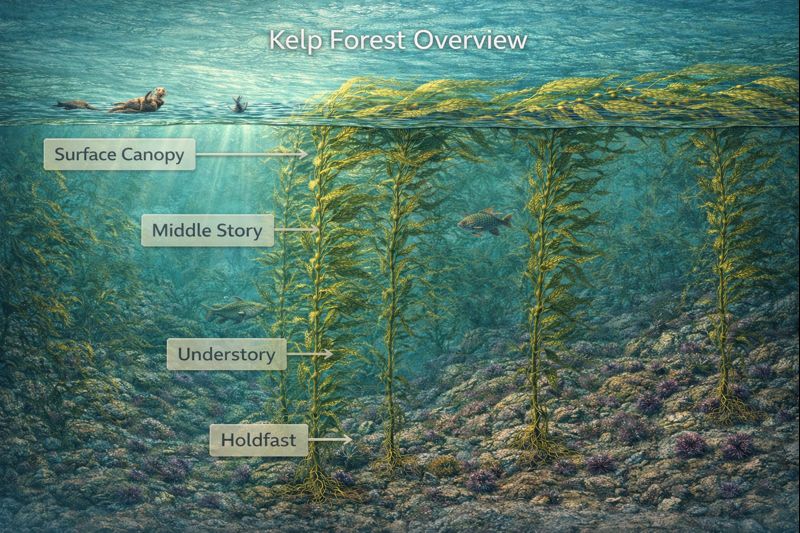 Kelp forest overview showing vertical structure from seafloor to surface. Four distinct zones labeled: Surface Canopy at the water's surface where sea otters rest, Middle Story with fish swimming among fronds, Understory with shorter kelp species, and Holdfast zone at the rocky seafloor with invertebrates.