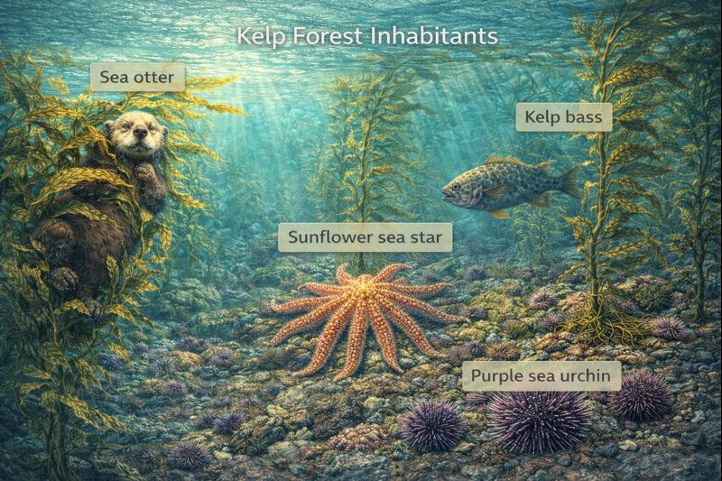 Key kelp forest inhabitants in their ecological context: sea otter wrapped in kelp fronds, sunflower sea star on the seafloor, purple sea urchins clustered on rocks, and kelp bass hunting among the fronds.