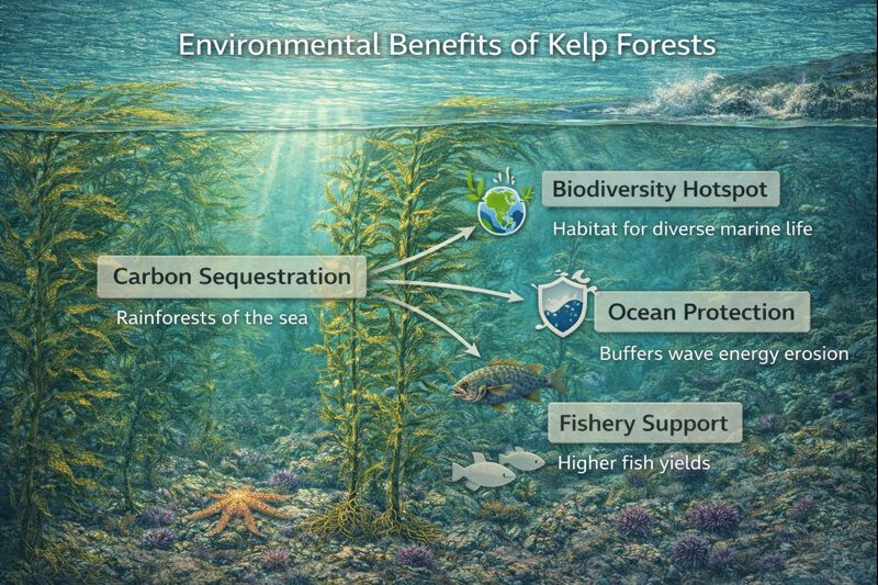 Environmental benefits of kelp forests infographic showing four key ecosystem services: Carbon Sequestration (rainforests of the sea), Biodiversity Hotspot (habitat for diverse marine life), Ocean Protection (buffers wave energy and erosion), and Fishery Support (higher fish yields).