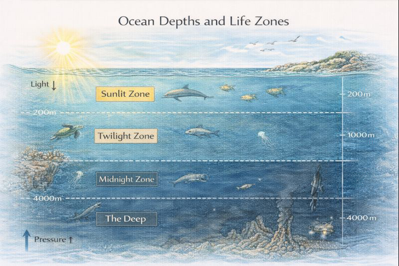 Cross-section diagram showing ocean organization by depth: Sunlit Zone (0-200m) with light penetration, Twilight Zone (200-1000m) with dimming light, Midnight Zone (1000-4000m) in darkness, and The Deep (4000m+) with hydrothermal vents