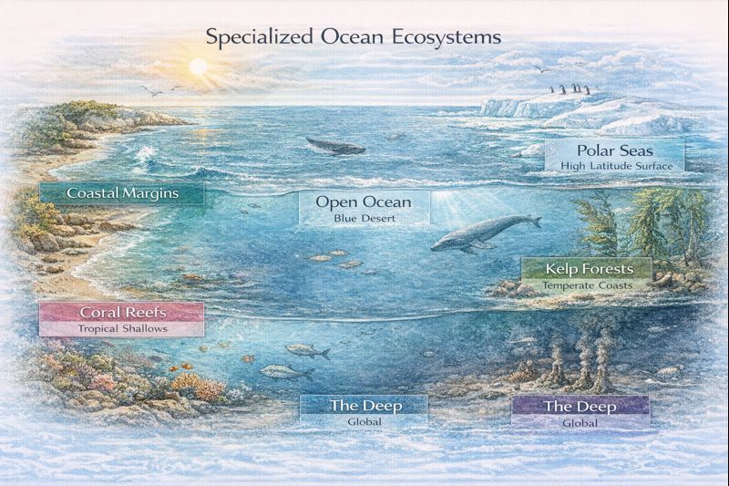 Geographic overview showing six specialized ocean ecosystems: Coastal Margins at shoreline, Coral Reefs in tropical shallows, Kelp Forests on temperate coasts, Open Ocean dominating the center, Polar Seas with ice at high latitudes, and The Deep with hydrothermal vents on the seafloor
